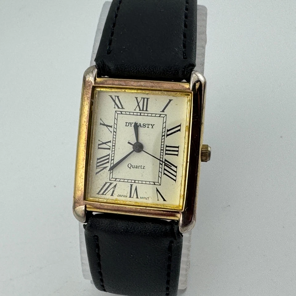 Reloj de Cuarzo Dinastía Japón De Colección Hombre Tono Dorado Rectángulo Cuero Romano Batería Nueva Foto 2 de 4