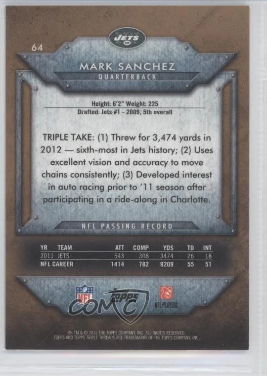 2012 Topps Triple Threads Sepia /310 Mark Sanchez #64 - Image 2 of 2