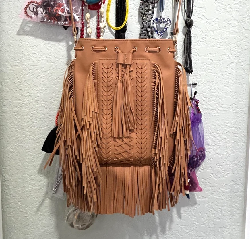 Bohemian Boho Tan Fringe Crossbody Bag 12 1inches Height and 10 inches Width. - Image 3 of 4