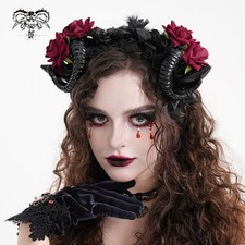 Devil Fashion Women Black And Red Gothic Mesh Flower Sheep Horn Headdress