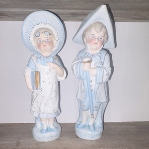 Vintage Victorian Boy & Girl Porcelain Figurine Set Blue White Colonial Couple