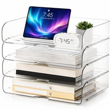 4-Tier Large-Capacity Paper Organizer, Clear Stackable Desk Organizer & Acryl...