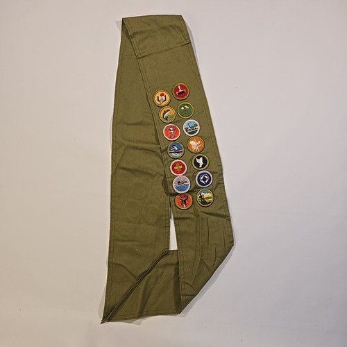 VTG Boy Scouts Merit Badge Sash Khaki Cotton 14 Badges BSA Collectible 1960s