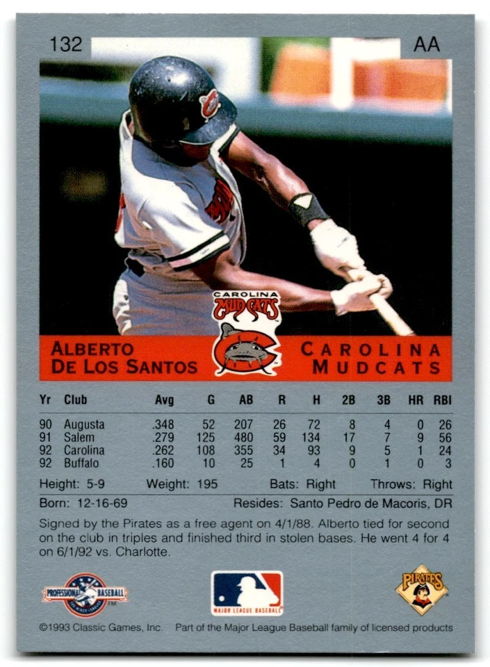 1993 Classic Best Alberto De Los Santos Carolina Mudcats #132 - Image 2 of 2