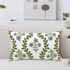 Blue Flower Embroidered Farmhouse Lumbar Pillow Cover 12"X 20" - Floral Knit Pat