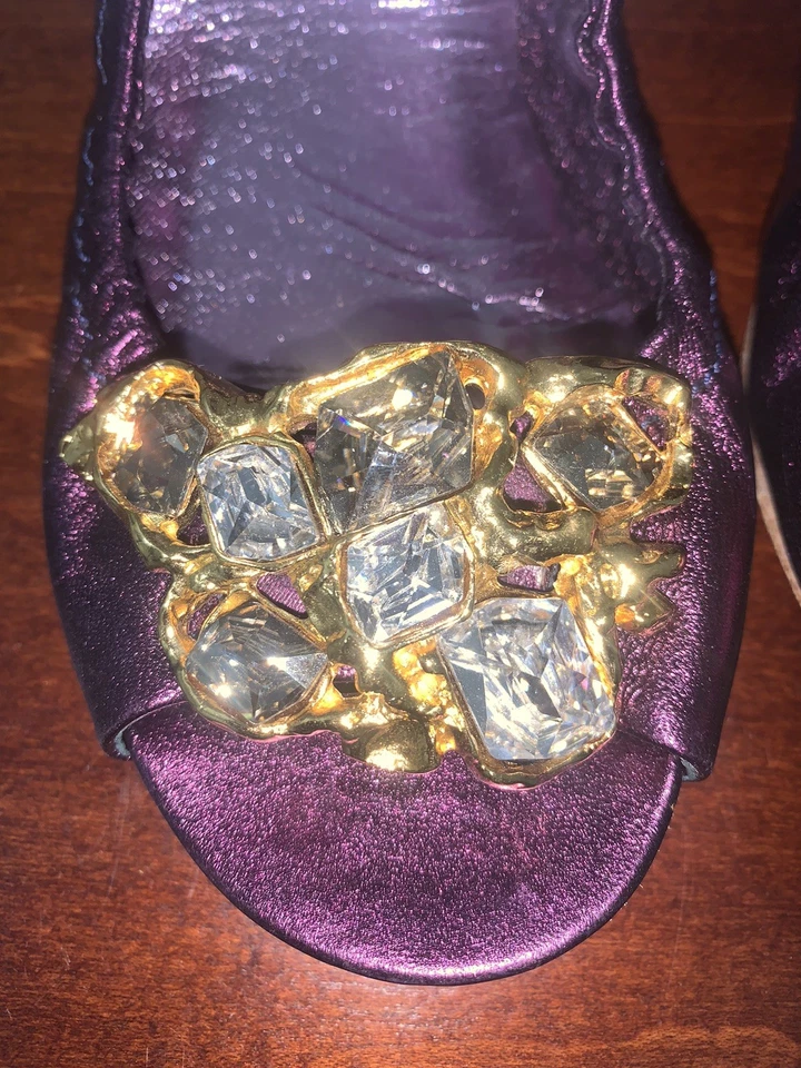 Zapatos planos de ballet MIU MIU Prada punta abierta gemas joyas púrpura metálico talla 38/8 Foto 2 de 4