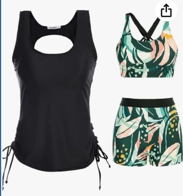 Jasambac Damen Mehrfarbig Dreiteiliges Blattmuster Tankini Set Gr. M