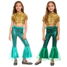 Girls Outfits Short Sleeve Mermaid Sequins Set Birthday Costume Party Dress Up
