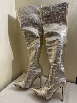 Vero Cuoio Goddess Thigh High Gold Metallic Alligator Stiletto Boots 7.5-8/38