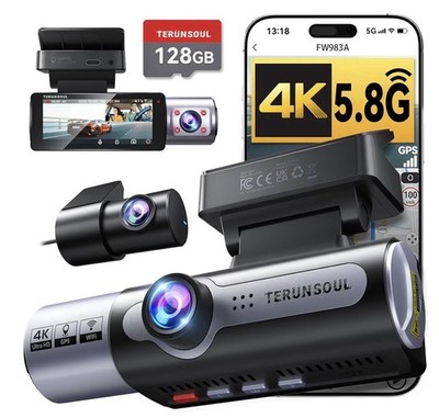 4K Dash Cam Front and Rear, Full HD 3 Channel Dashcam, Free 128GB Memory Card, B