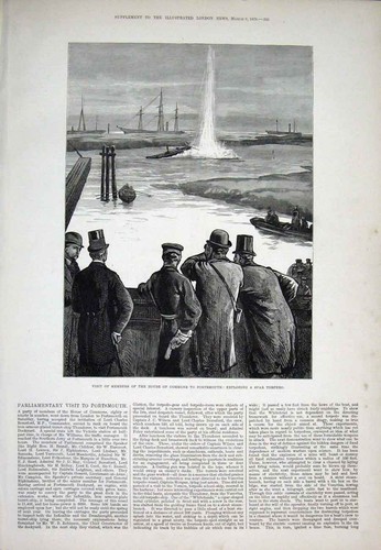 Original Old Antique Print Portsmouth Commons Spar Torpedo 1878 19th