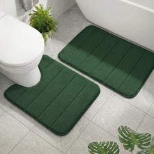 2 PCS Memory Foam Bath Mat Set Extra Soft Absorbent UShaped Dark Green