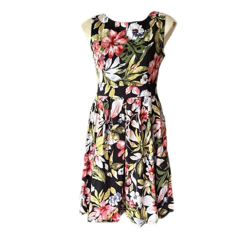 Timeless Vanessa Tong Dress Size 12 Black Green Pink Floral Cotton Fit Flare - Picture 1 of 11