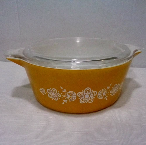 VTG Pyrex Butterfly Gold 2 1/2 Quart Cinderella Casserole # 475-B Clear Lid EUC