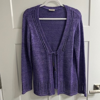 Canda Collection Purple Tie Front Pointelle Knit Cardigan Sweater Beaded Tassels
