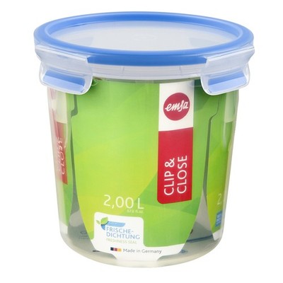 Emsa 508553 Clip & Close round food storage container 2.0 litres, transparent/bl