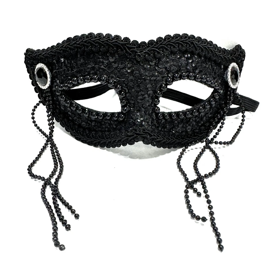 Ladies Masquerade Black Eyemask With Tassles Fancy Dress Sequins 20s Halloween - Image 2 of 4