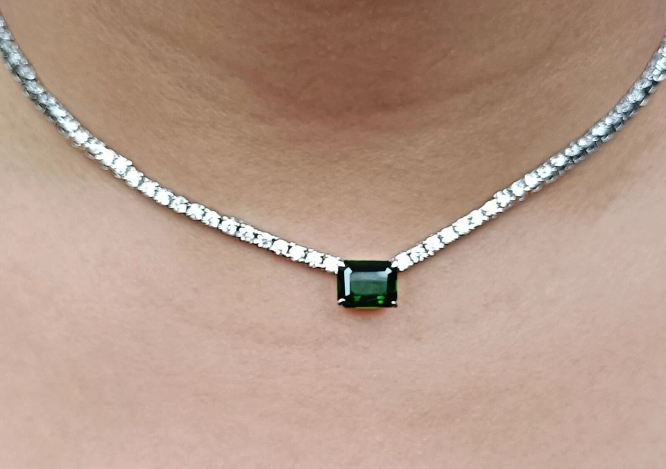 Simulierte Smaragd-Und Diamant-Tennis-Choker-Halskette 14K Weißgold Beschichtet - Bild 3 von 4