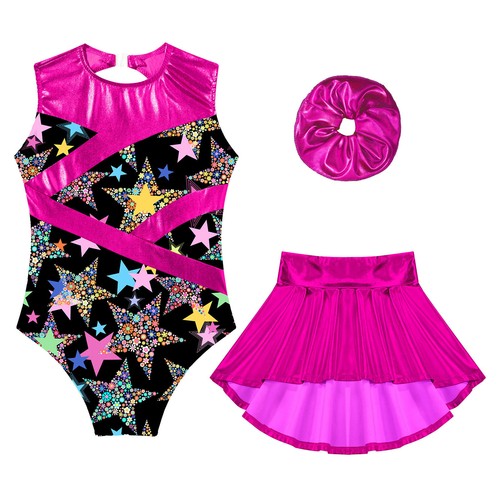 Kids Girl's Bodysuit With Skirt Hair Tie Jazz Leotard And Skirts Yoga Dancewear - Picture 19 of 33