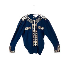 Wool Angora Sweater Women SZ L Navy Beaded Embellished Glam 1980 Retro Military