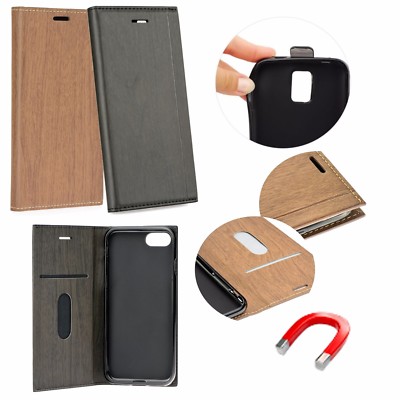 ^ Handy Tasche Schutz Hülle Book Case Wood Holz Kunstleder Apple iPhone 7 Plus 