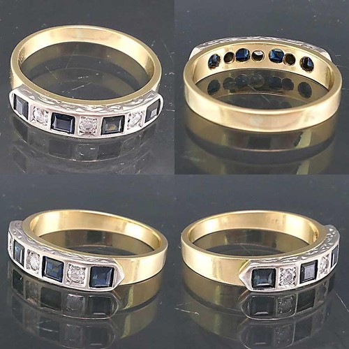 Vintage Solid 18k Yellow & White GOLD 4 SQUARE SAPPHIRE & 3 Diamond RING Sz M - Picture 4 of 6