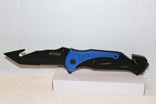 LARGE SPRING ASSISTED KNIFE BLADE BELT CLIP GLASS BREAKER SEAT BELT CUTTER BLUE