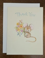 Vintage American Greetings Tender Thoughts thank you notecard mouse with flowers