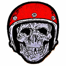 Skull in Red Helmet, Iron-On/Sew-On Patch Embroidered Punk Biker Vest 3" X 4"