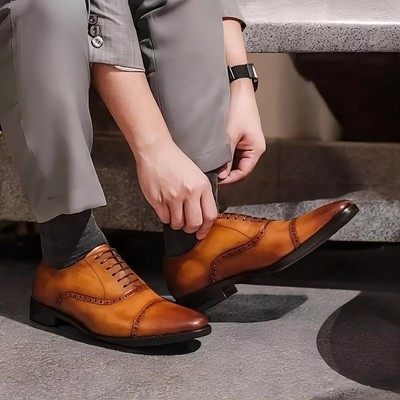 Bespoke Handmade Pure Tan Leather Derby  Lace Up  Shoes for Men - Office Shoes