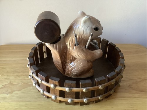 Vintage Nutcracker Ceramic Squirrel and Wooden Bowl with Tools 70s - Picture 6 of 18