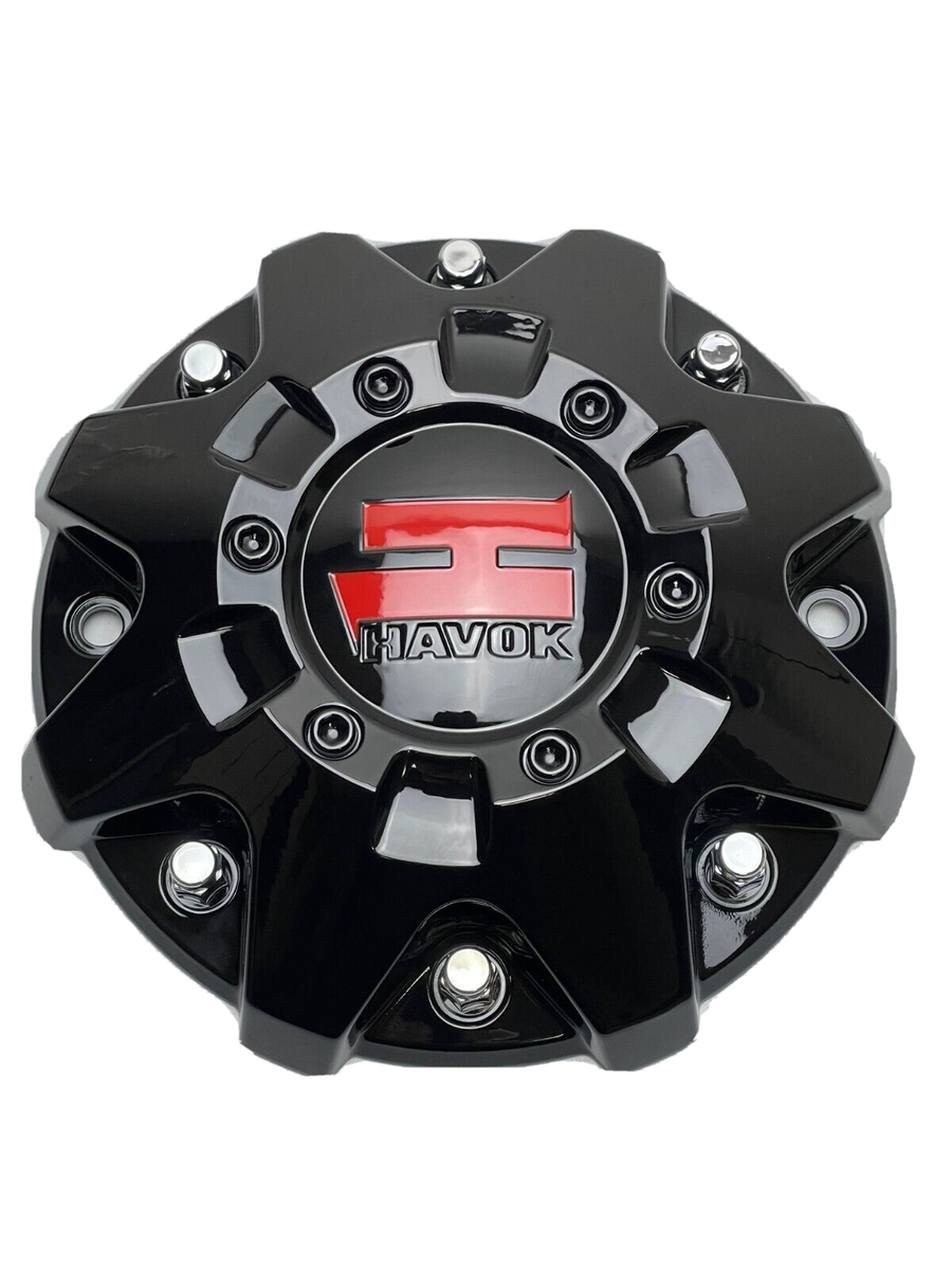 Havok Gloss Black Cap / Chrome Bolt / Red Logo Wheel Center Havok Gloss Black Cap / Chrome Bolt / Red Logo Wheel Center