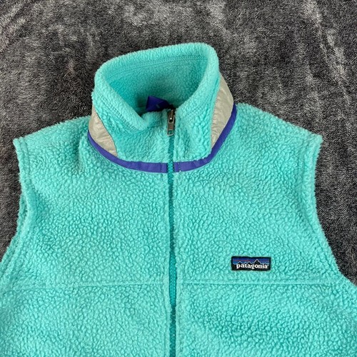 Vtg Patagonia Sherpa Deep Pile Fleece Vest Kids 14 Blue Mock Neck Full Zip - Picture 2 of 8