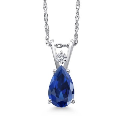 14K White Gold Created Sapphire and Lab Grown Diamond Teardrop Pendant Necklace