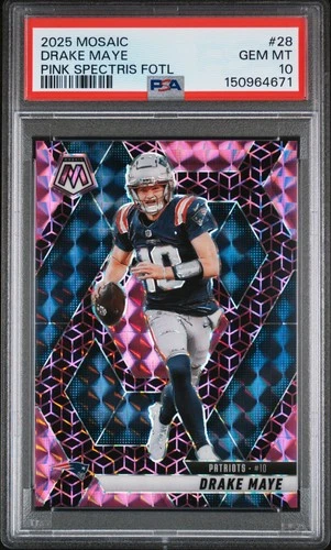 150964671 Drake Maye 2025 Panini Mosaic #28 Pink Spectris Prizm FOTL /13 PSA 10