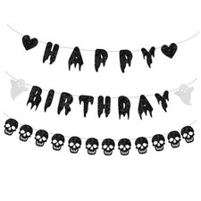 Halloween Happy Birthday Banner for Skull Spooky Party Decorations Black