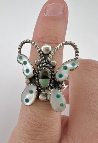 Vintage Zuni Sterling Silver Multi Gemstone Flush Inlay Butterfly Ring - Picture 7 of 8