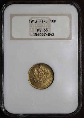 1913 (MS65) Finland Gold 10 Markkaa NGC - Gem Old Fatty Holder