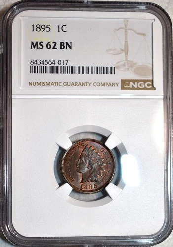 NGC MS-62 BN 1895 Indian Head Cent, Razor-Sharp w/ Hints of Original Red.
