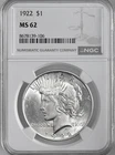 1922-P  $1 PEACE SILVER DOLLAR  "PHILADELPHIA MINT"  NGC MS62 #8678139-106