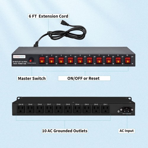 Horizontal Rackmount Power Strip Surge Protector 10 Outlets for Network Servers - 第 4/11 張圖片