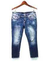 Vigoss Size 7 8 x 28 Chelsea Boyfriend Blue Jeans Low Rise Distressed V Pockets