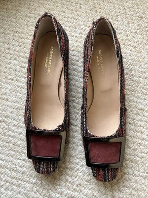 Andrea Carrano 37.5 Multi Woven Burgundy Buckle 1  Heel Shoes Leather Soles NWOB