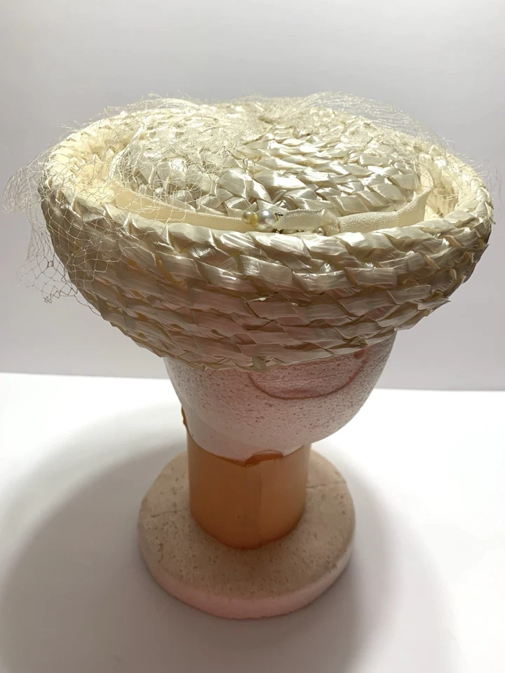 Sombrero de Paja Blanco Brunch Derby Iglesia Floral Velado Vintage Mujer Talla 21 Foto 3 de 4