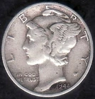 1944D US War Time Mercury Silver Dime, Very Fine with Nice Toning, KM 140