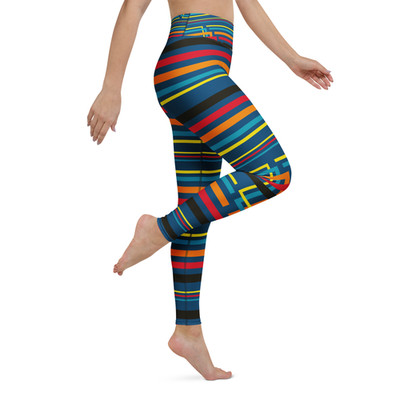 Women's Blue Orange Striped Leggings Geometric Print UPF 50+ Pocket