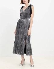 Loft Metallic Silver Tiered V-neck Sleeveless Midi Dress With Black Bow Size 12