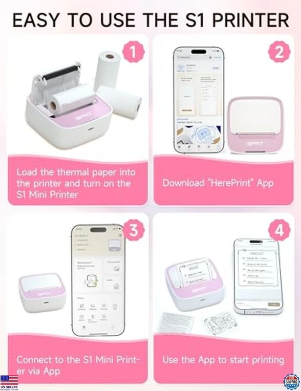 Portable Mini Thermal Sticker Printer with 1 Roll Paper, DIY Label Maker, Pink - Image 3 of 4