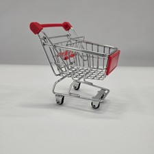 Mini Metal Replica Grocery Store Shopping Cart Red Accents Rolling Wheels