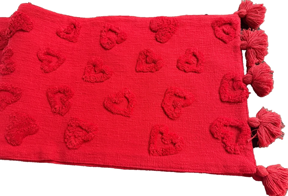 Cynthia Rowley Red Puff Hearts Large Lined Table Runner with Tassels 72" x 16" - Image 2 of 4